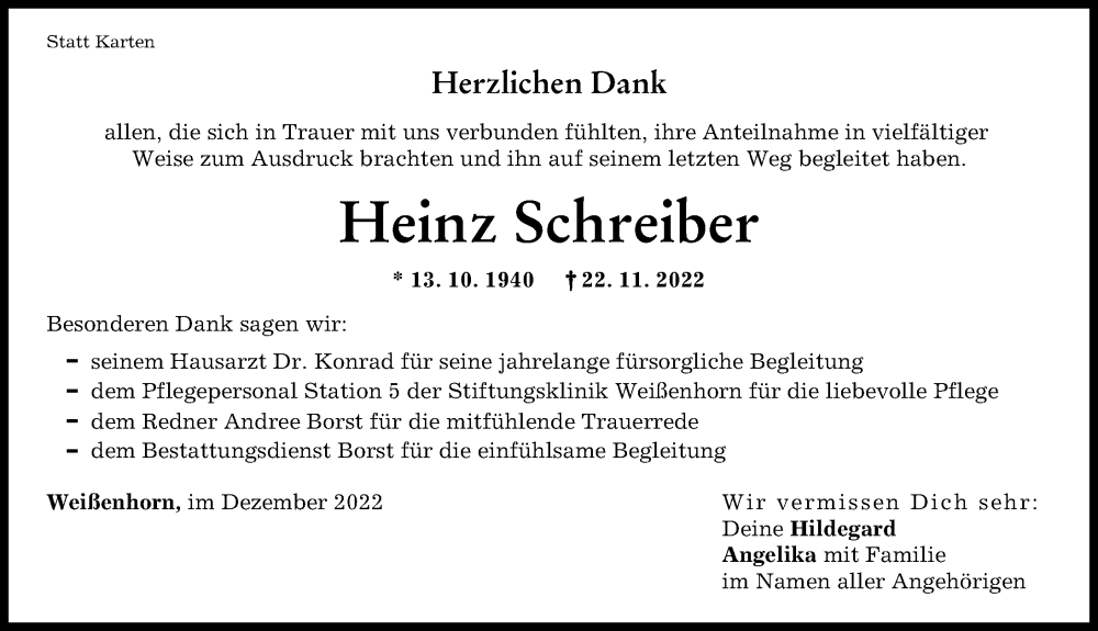  Traueranzeige für Heinz Schreiber vom 17.12.2022 aus Neu-Ulmer Zeitung