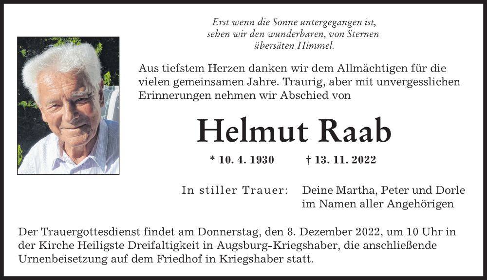  Traueranzeige für Helmut Raab vom 03.12.2022 aus Augsburger Allgemeine