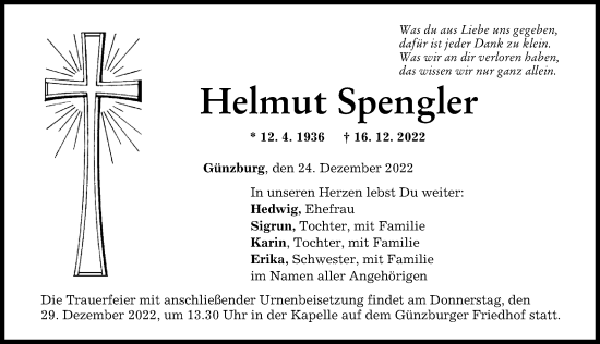 Traueranzeige von Helmut Spengler von Günzburger Zeitung
