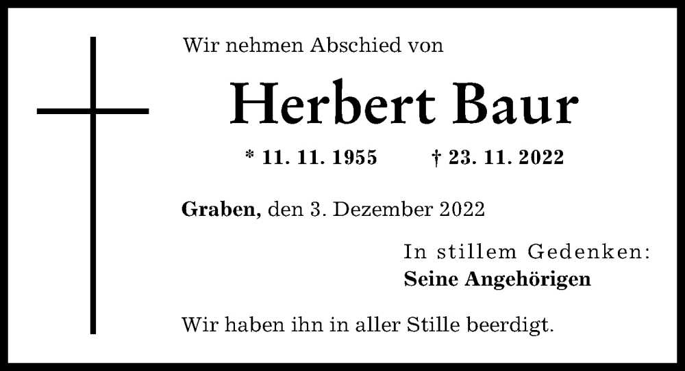  Traueranzeige für Herbert Baur vom 03.12.2022 aus Schwabmünchner Allgemeine