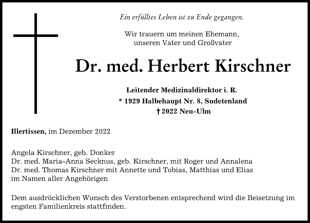 Traueranzeige von Herbert Kirschner von Augsburger Allgemeine, Illertisser Zeitung