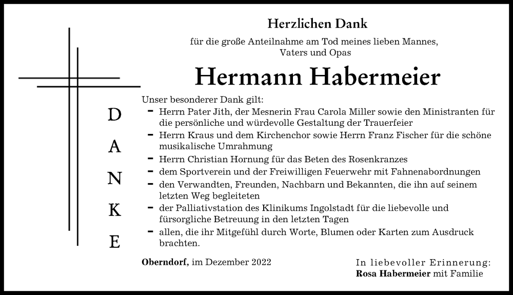  Traueranzeige für Hermann Habermeier vom 17.12.2022 aus Donauwörther Zeitung