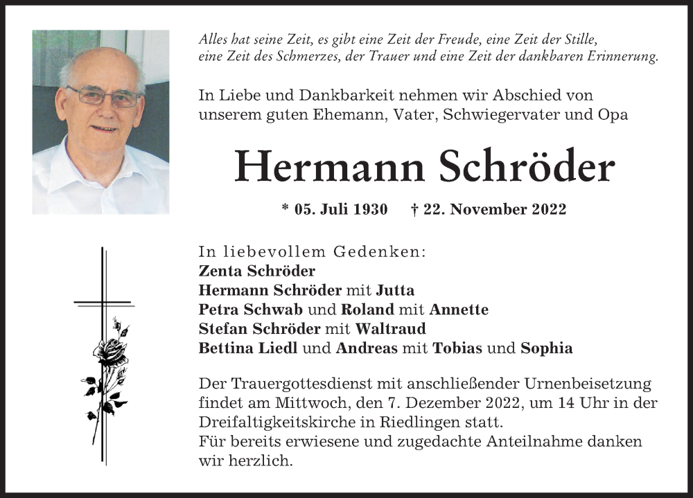  Traueranzeige für Hermann Schröder vom 03.12.2022 aus Donauwörther Zeitung