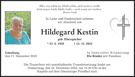 Traueranzeige von Hildegard Kestin von Günzburger Zeitung