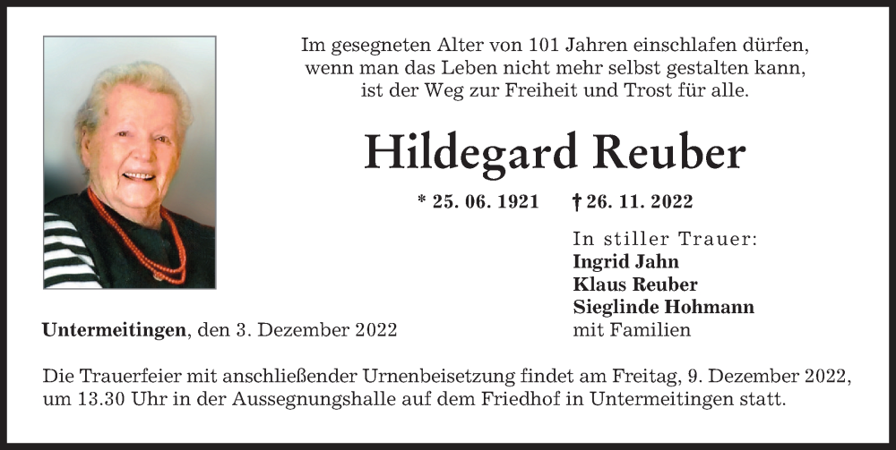  Traueranzeige für Hildegard Reuber vom 03.12.2022 aus Schwabmünchner Allgemeine