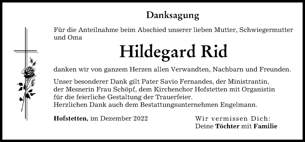  Traueranzeige für Hildegard Rid vom 09.12.2022 aus Landsberger Tagblatt