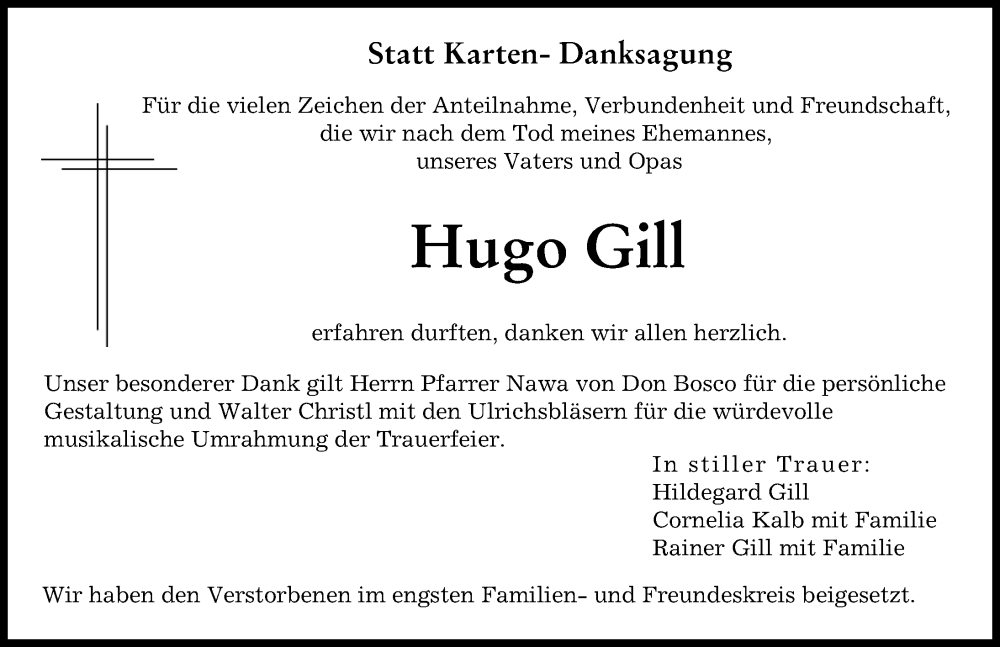 Traueranzeige von Hugo Gill von Augsburger Allgemeine