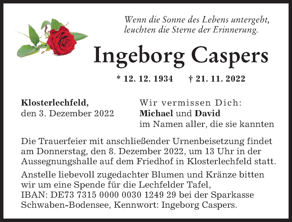  Traueranzeige für Ingeborg Caspers vom 03.12.2022 aus Schwabmünchner Allgemeine