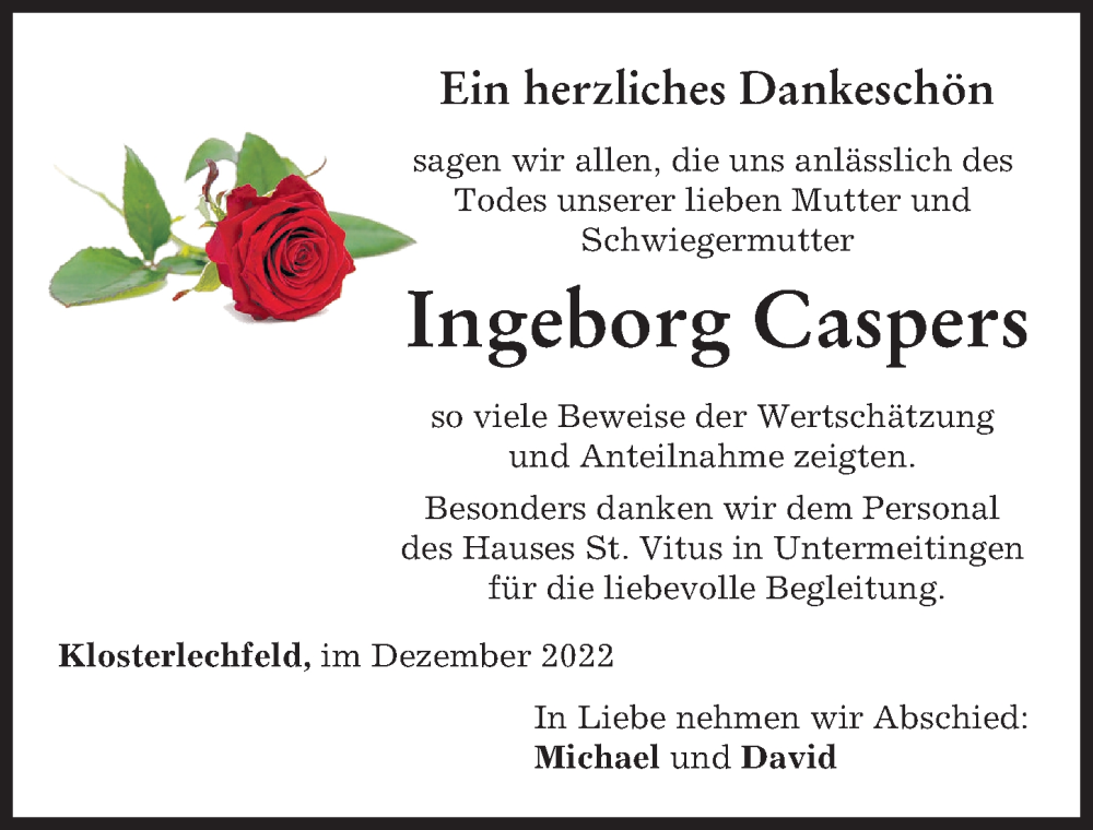  Traueranzeige für Ingeborg Caspers vom 17.12.2022 aus Schwabmünchner Allgemeine