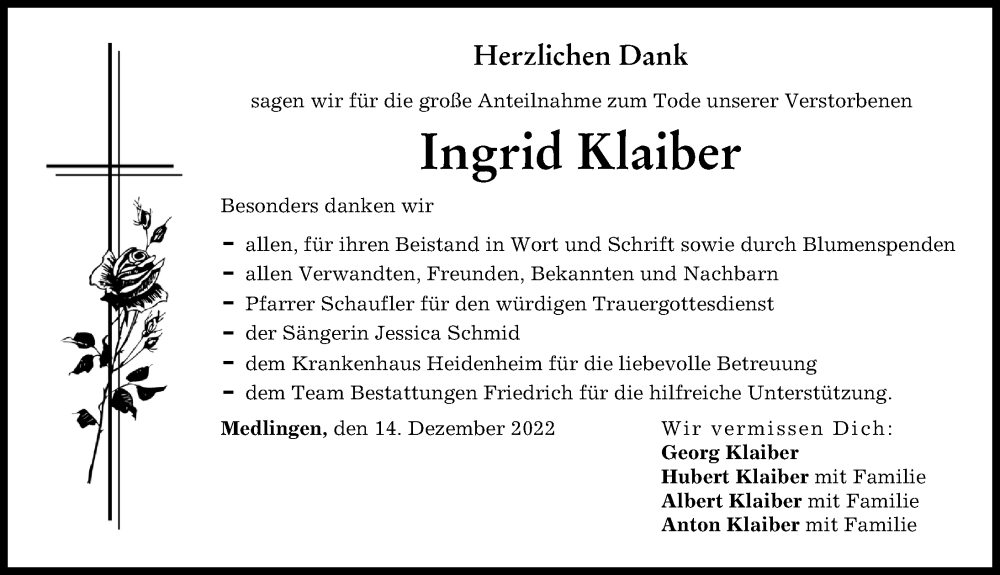  Traueranzeige für Ingrid Klaiber vom 14.12.2022 aus Donau Zeitung