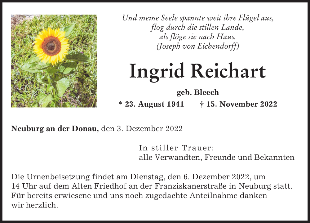  Traueranzeige für Ingrid Reichart vom 03.12.2022 aus Neuburger Rundschau