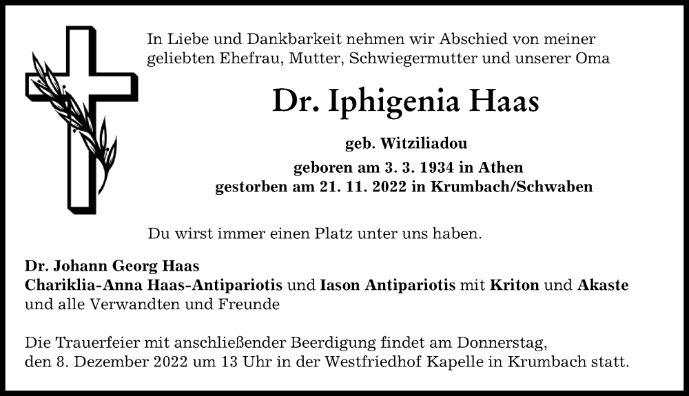  Traueranzeige für Iphigenia Haas vom 06.12.2022 aus Mittelschwäbische Nachrichten