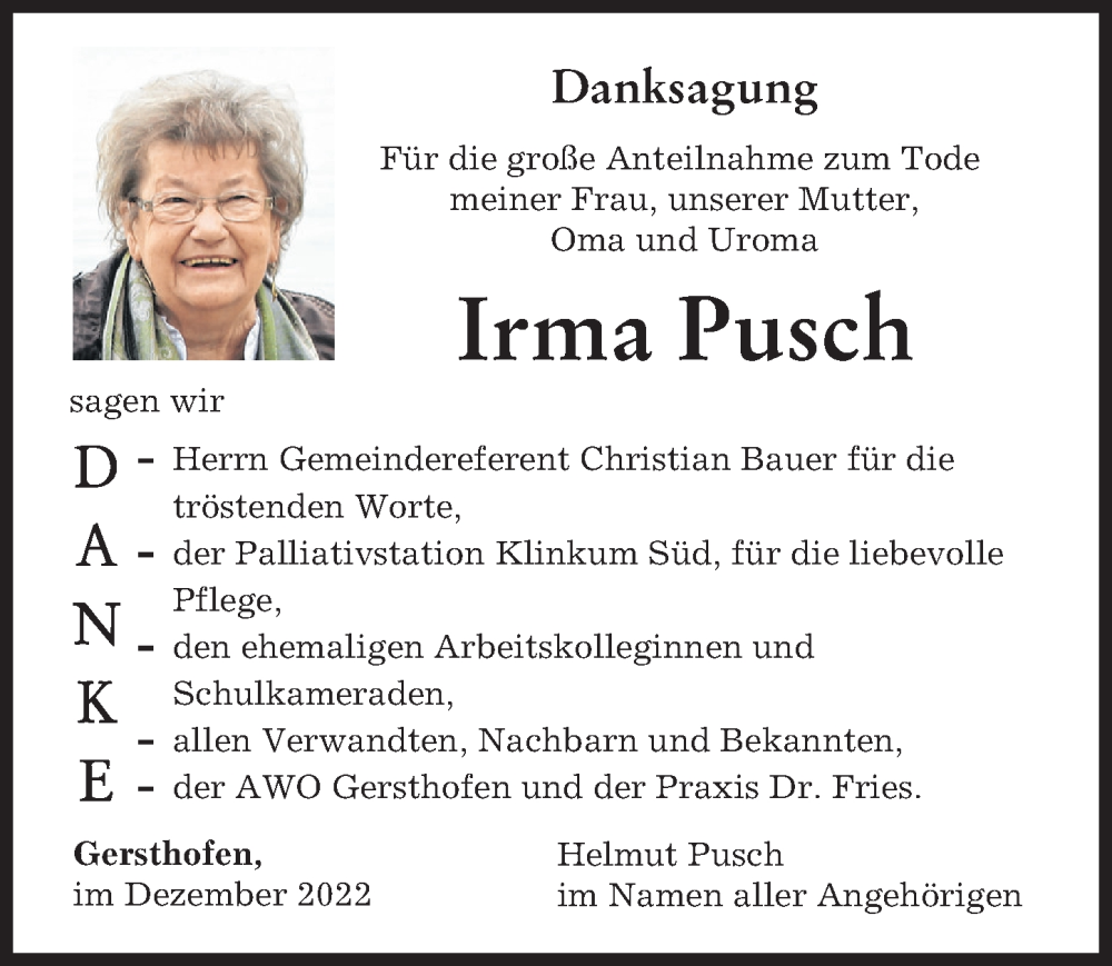  Traueranzeige für Irma Pusch vom 17.12.2022 aus Augsburger Allgemeine