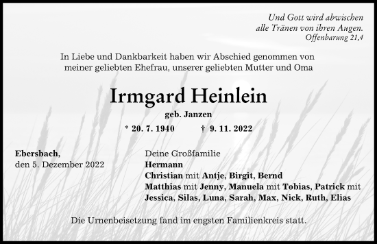 Traueranzeige von Irmgard Heinlein von Günzburger Zeitung