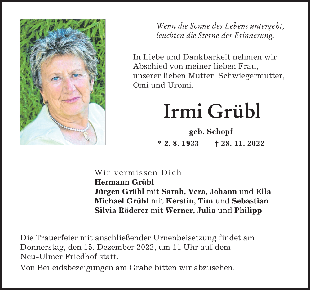 Traueranzeigen von Irmi Grübl | Augsburger Allgemeine Zeitung