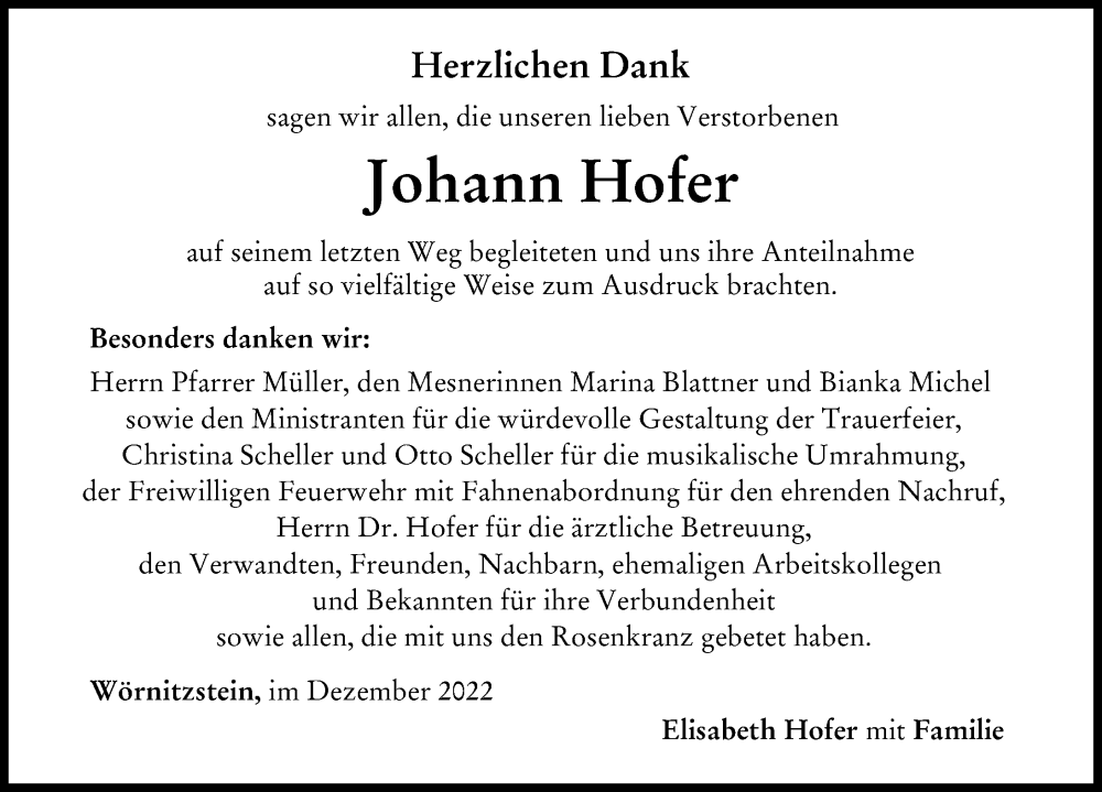  Traueranzeige für Johann Hofer vom 17.12.2022 aus Donauwörther Zeitung