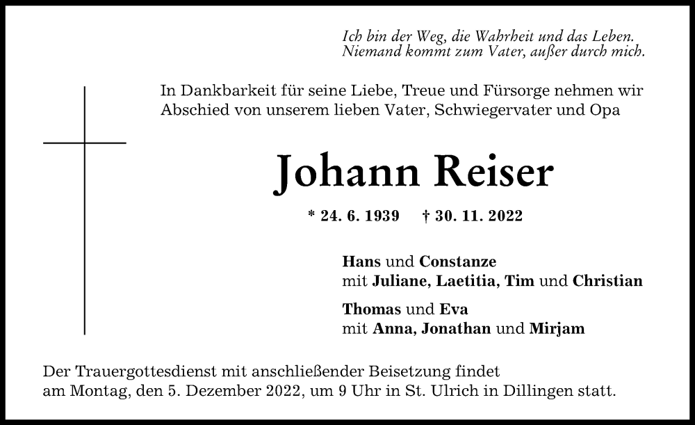  Traueranzeige für Johann Reiser vom 03.12.2022 aus Augsburg-Land, Donau Zeitung