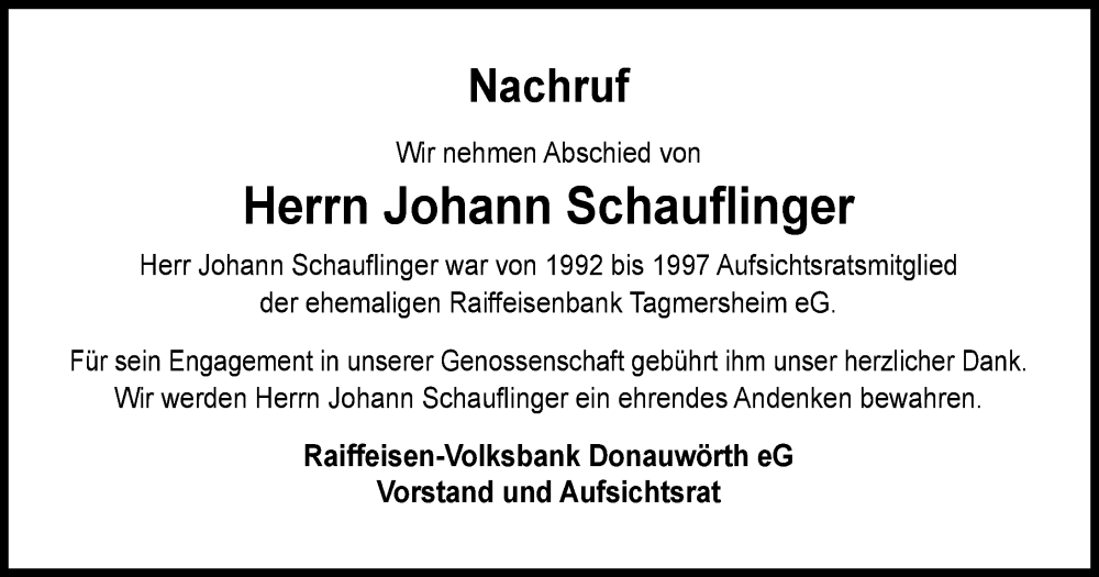 Traueranzeige von Johann Schauflinger von Donauwörther Zeitung