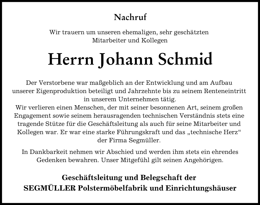 Traueranzeige von Johann Schmid von Friedberger Allgemeine, Aichacher Nachrichten
