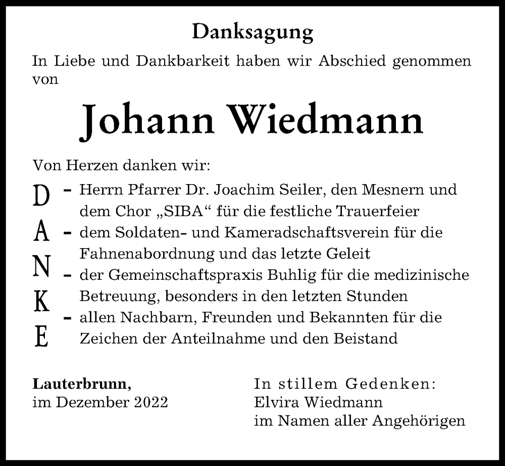  Traueranzeige für Johann Wiedmann vom 15.12.2022 aus Augsburg-Land, Wertinger Zeitung
