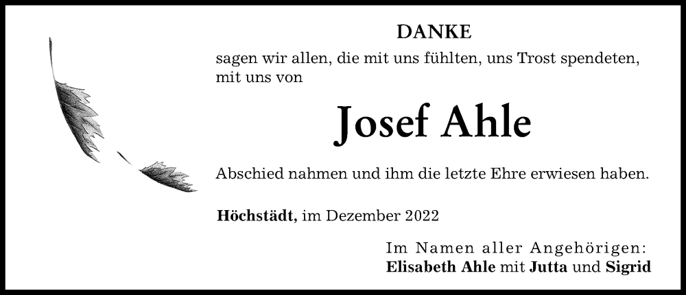  Traueranzeige für Josef Ahle vom 28.12.2022 aus Donau Zeitung