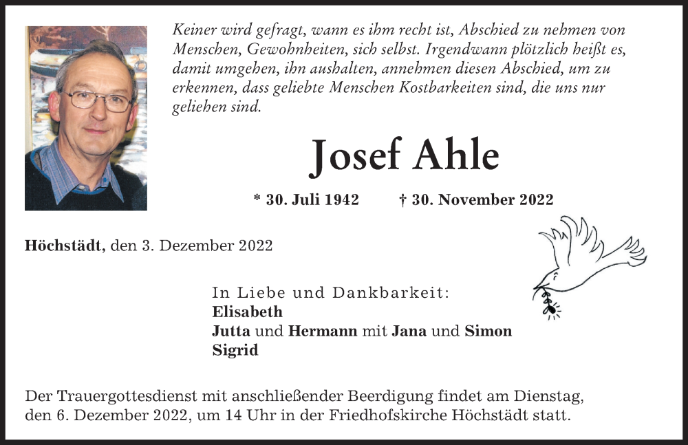  Traueranzeige für Josef Ahle vom 03.12.2022 aus Donau Zeitung