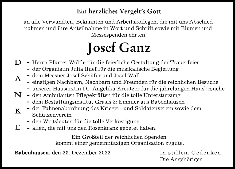  Traueranzeige für Josef Ganz vom 23.12.2022 aus Illertisser Zeitung