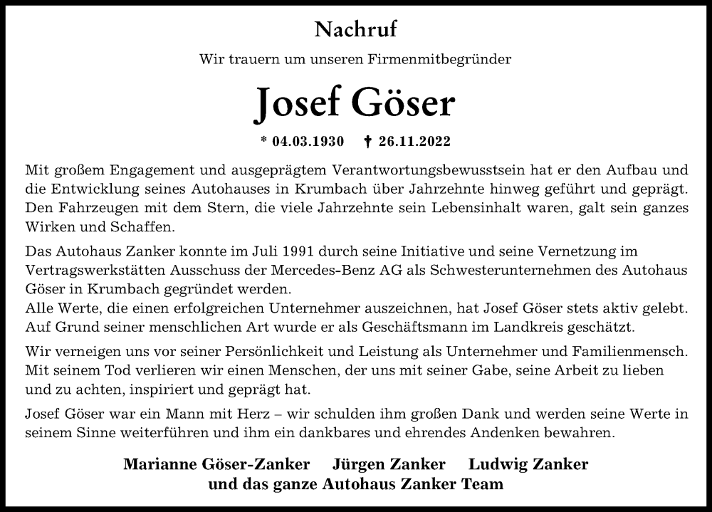  Traueranzeige für Josef Göser vom 02.12.2022 aus Günzburger Zeitung