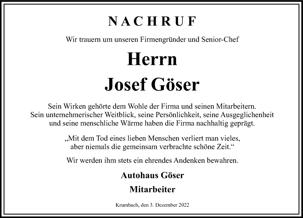  Traueranzeige für Josef Göser vom 03.12.2022 aus Mittelschwäbische Nachrichten