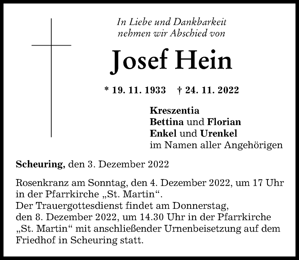  Traueranzeige für Josef Hein vom 03.12.2022 aus Landsberger Tagblatt