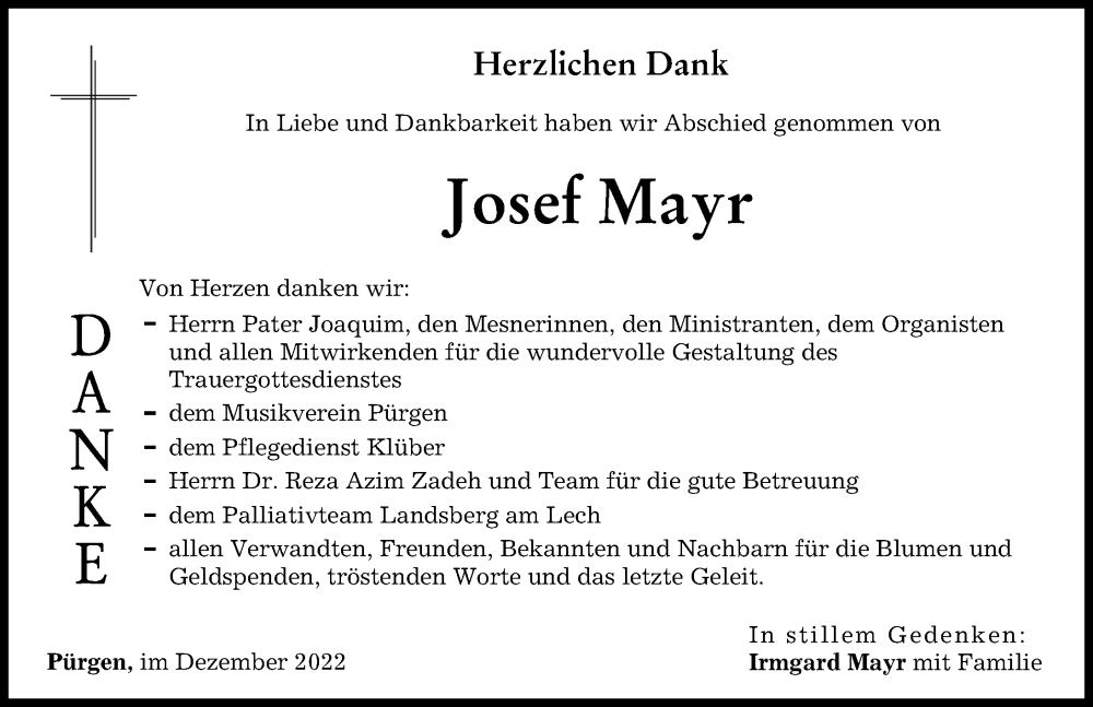Traueranzeige von Josef Mayr von Landsberger Tagblatt
