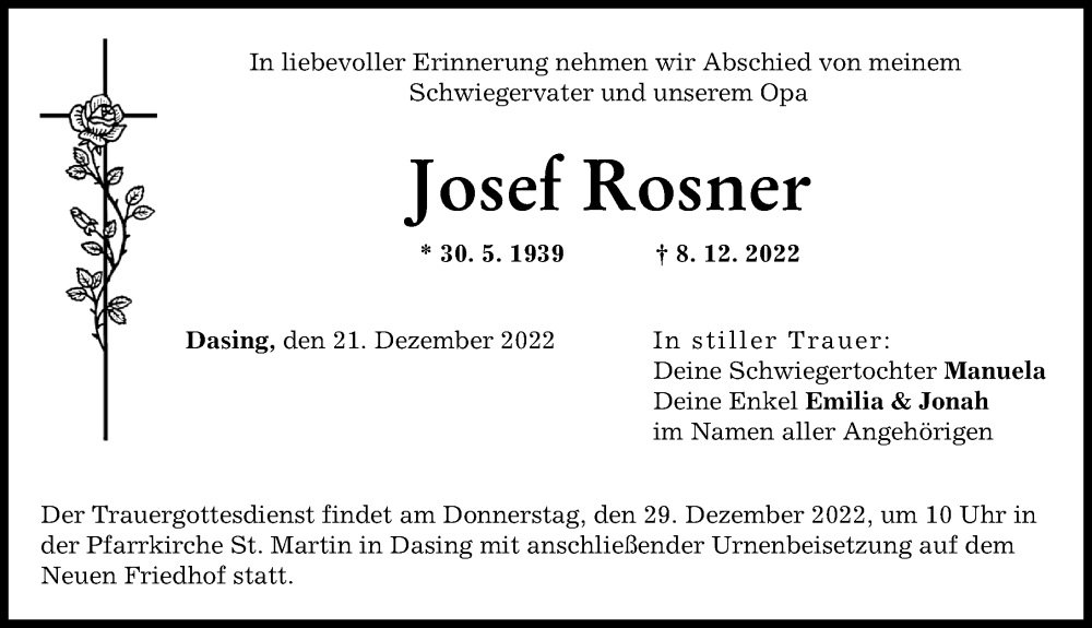 Traueranzeigen von Josef Rosner Augsburger Allgemeine Zeitung