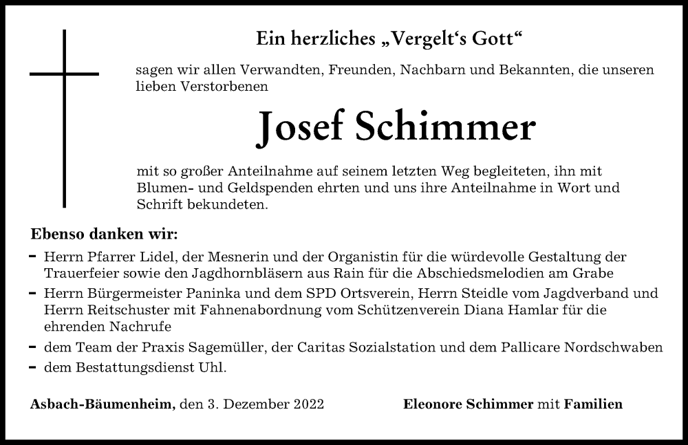  Traueranzeige für Josef Schimmer vom 03.12.2022 aus Donauwörther Zeitung