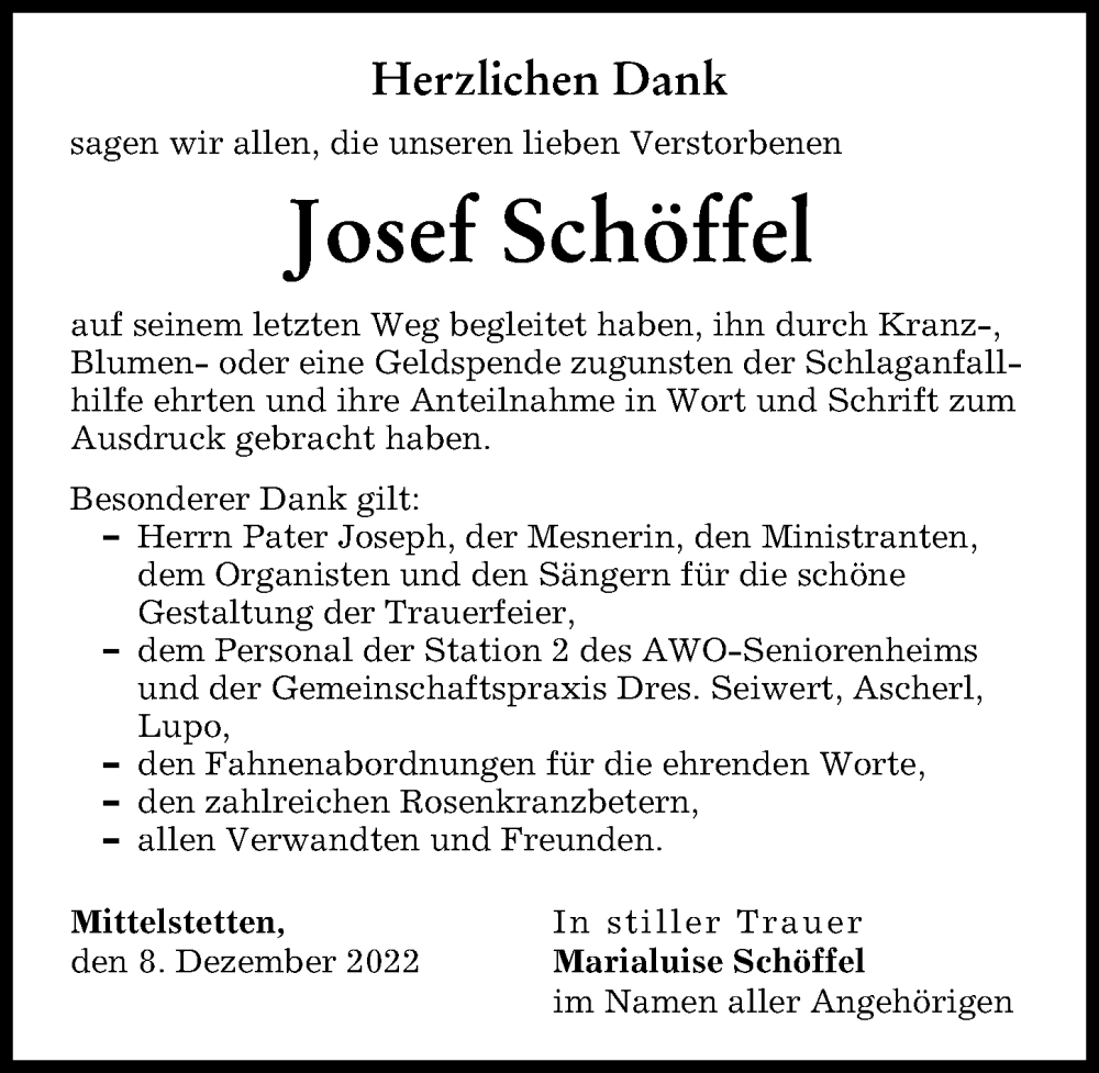  Traueranzeige für Josef Schöffel vom 08.12.2022 aus Schwabmünchner Allgemeine