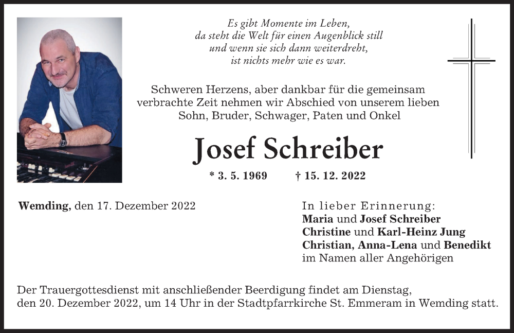 Traueranzeige von Josef Schreiber von Rieser Nachrichten, Donauwörther Zeitung