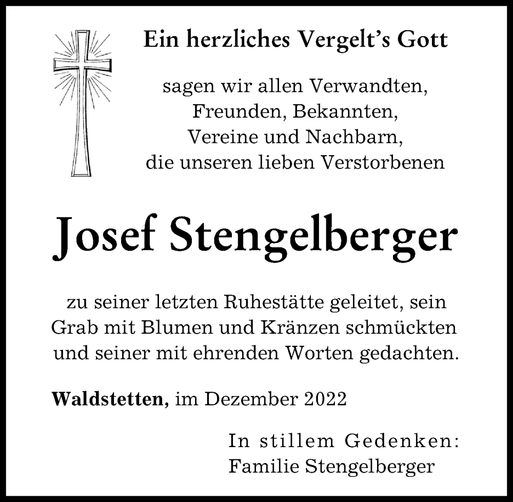  Traueranzeige für Josef Stengelberger vom 03.12.2022 aus Günzburger Zeitung