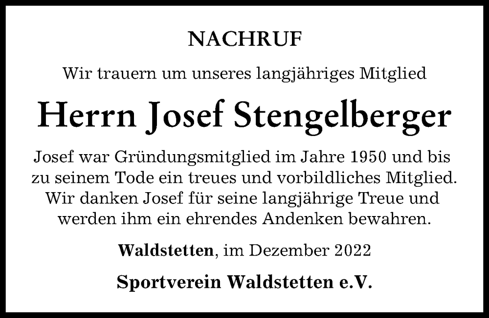  Traueranzeige für Josef Stengelberger vom 19.12.2022 aus Günzburger Zeitung