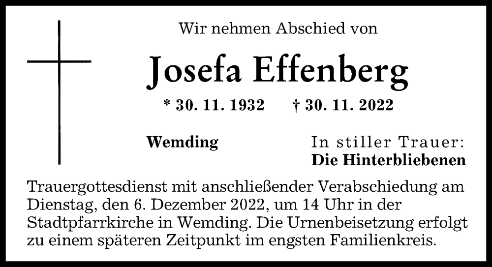 Traueranzeige von Josefa Effenberg von Donauwörther Zeitung