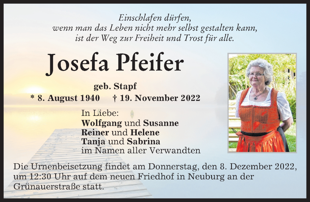  Traueranzeige für Josefa Pfeifer vom 03.12.2022 aus Neuburger Rundschau