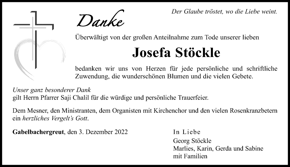  Traueranzeige für Josefa Stöckle vom 03.12.2022 aus Augsburg-Land