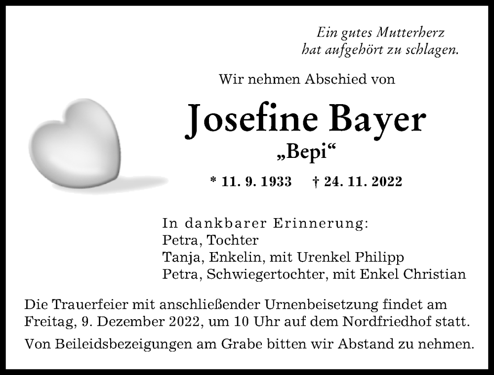  Traueranzeige für Josefine Bayer vom 03.12.2022 aus Augsburger Allgemeine