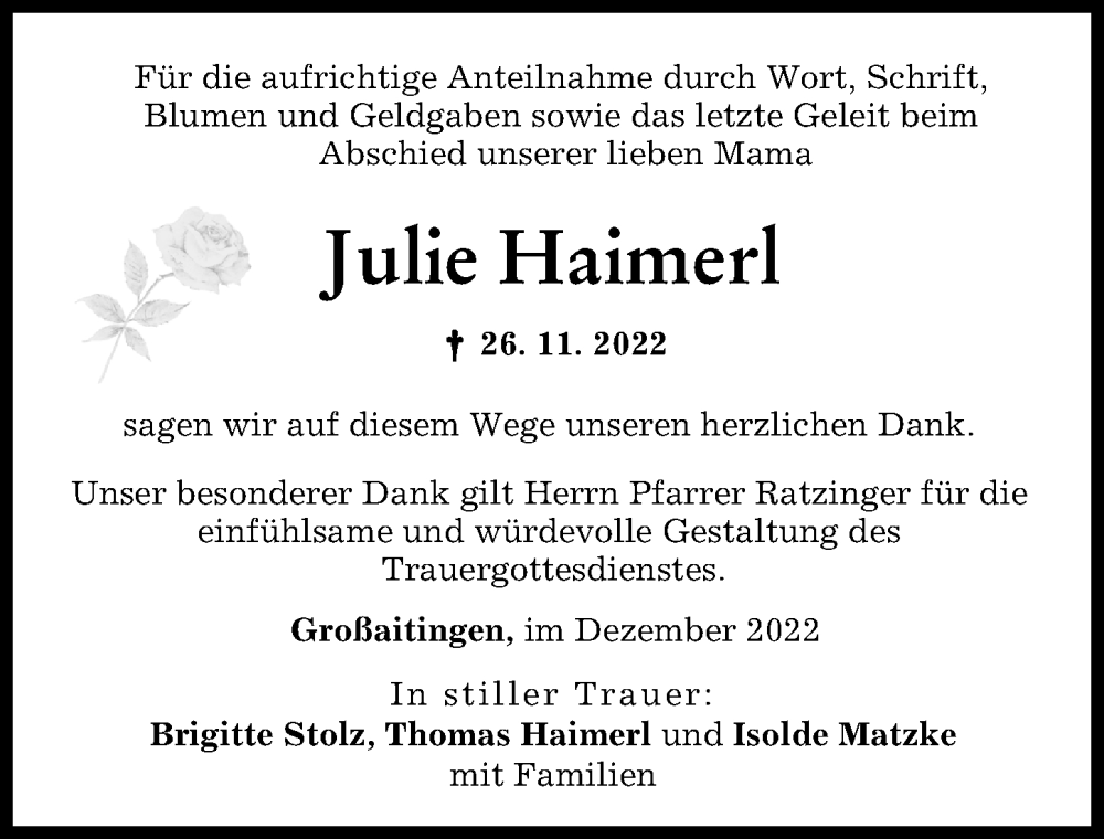  Traueranzeige für Julie Haimerl vom 10.12.2022 aus Schwabmünchner Allgemeine