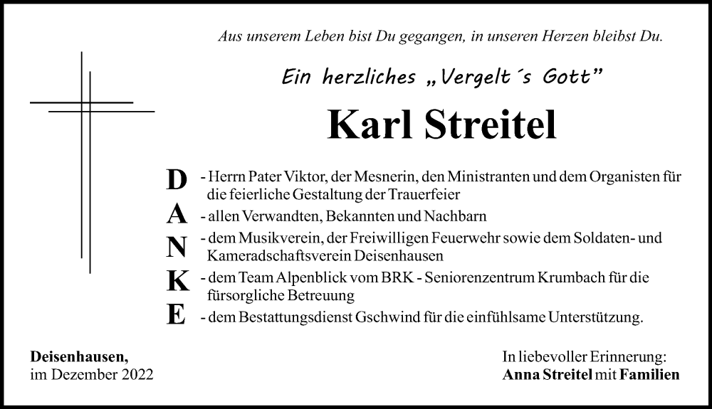  Traueranzeige für Karl Streitel vom 06.12.2022 aus Mittelschwäbische Nachrichten