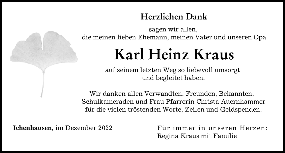  Traueranzeige für Karl Heinz Kraus vom 17.12.2022 aus Günzburger Zeitung