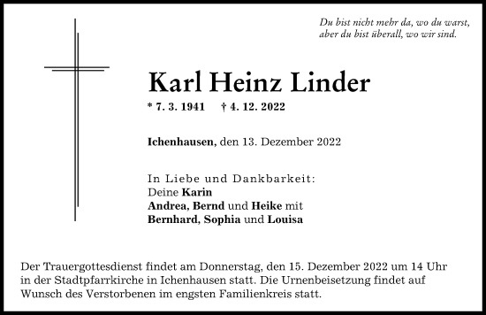 Traueranzeige von Karl Heinz Linder von Günzburger Zeitung