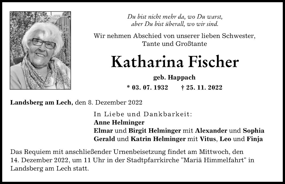 Traueranzeige von Katharina Fischer von Landsberger Tagblatt