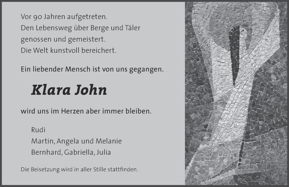  Traueranzeige für Klara John vom 03.12.2022 aus Augsburger Allgemeine