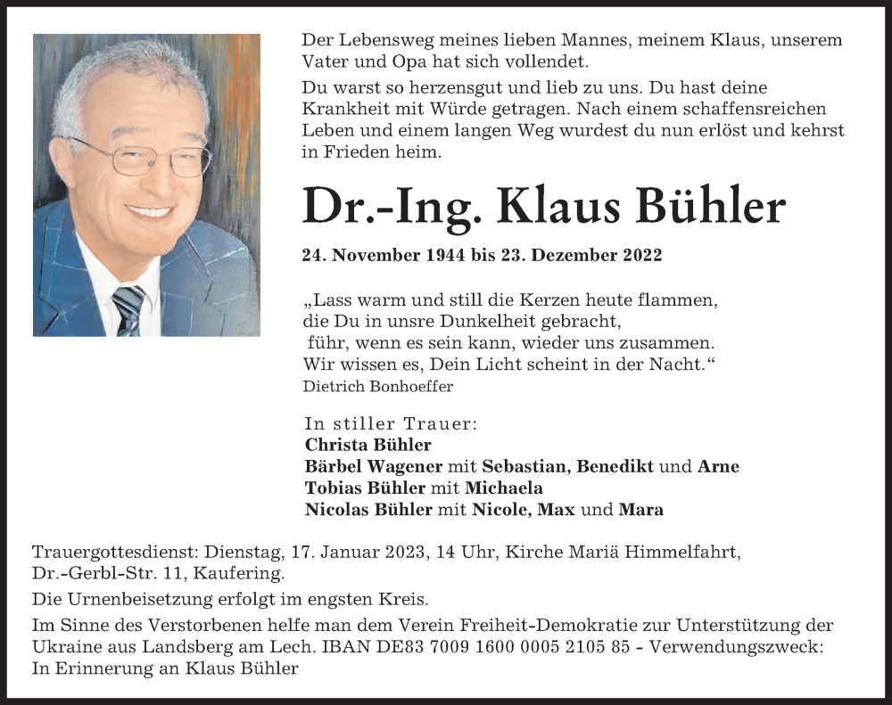  Traueranzeige für Klaus Bühler vom 29.12.2022 aus Landsberger Tagblatt