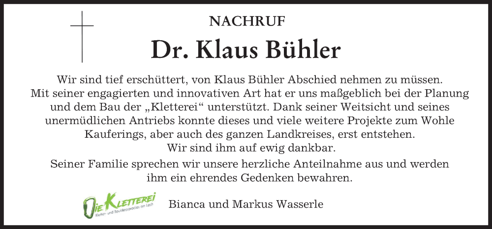  Traueranzeige für Klaus Bühler vom 30.12.2022 aus Landsberger Tagblatt