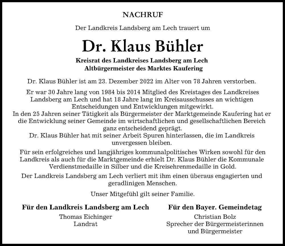  Traueranzeige für Klaus Bühler vom 30.12.2022 aus Landsberger Tagblatt